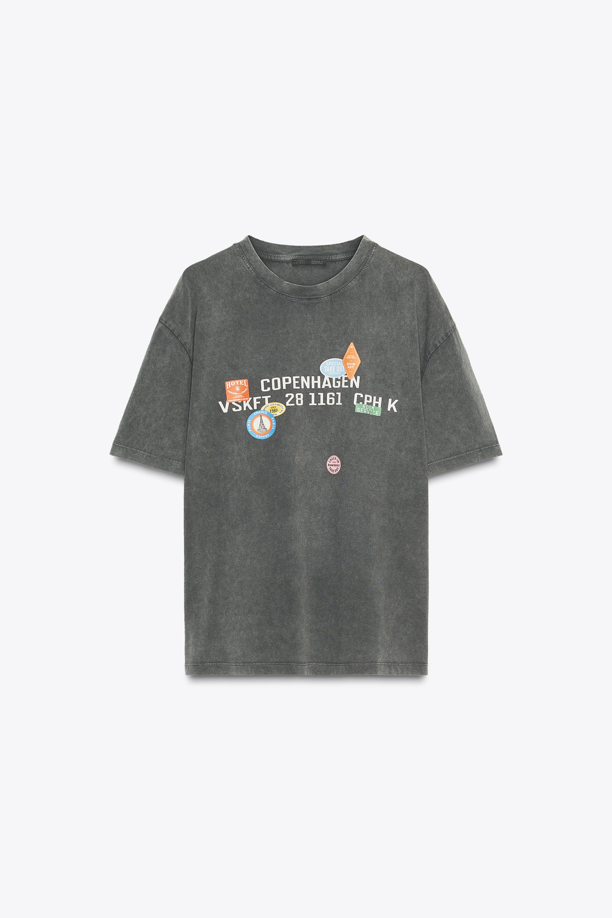 WASHED EFFECT PRINTED PATCH T-SHIRT