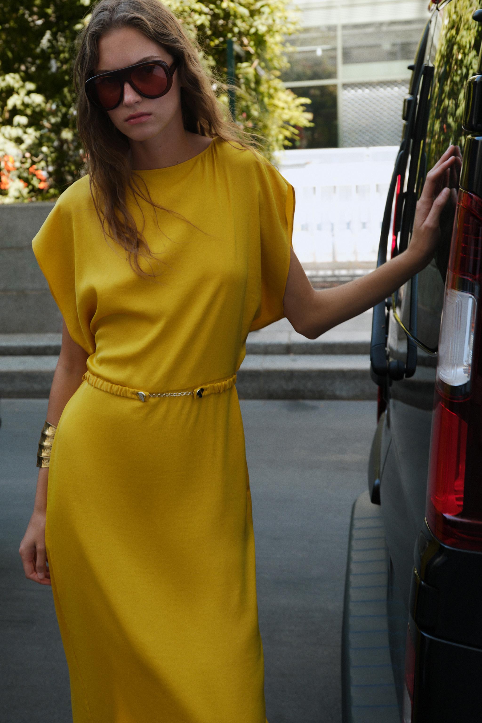 BELTED SATIN EFFECT MIDI DRESS