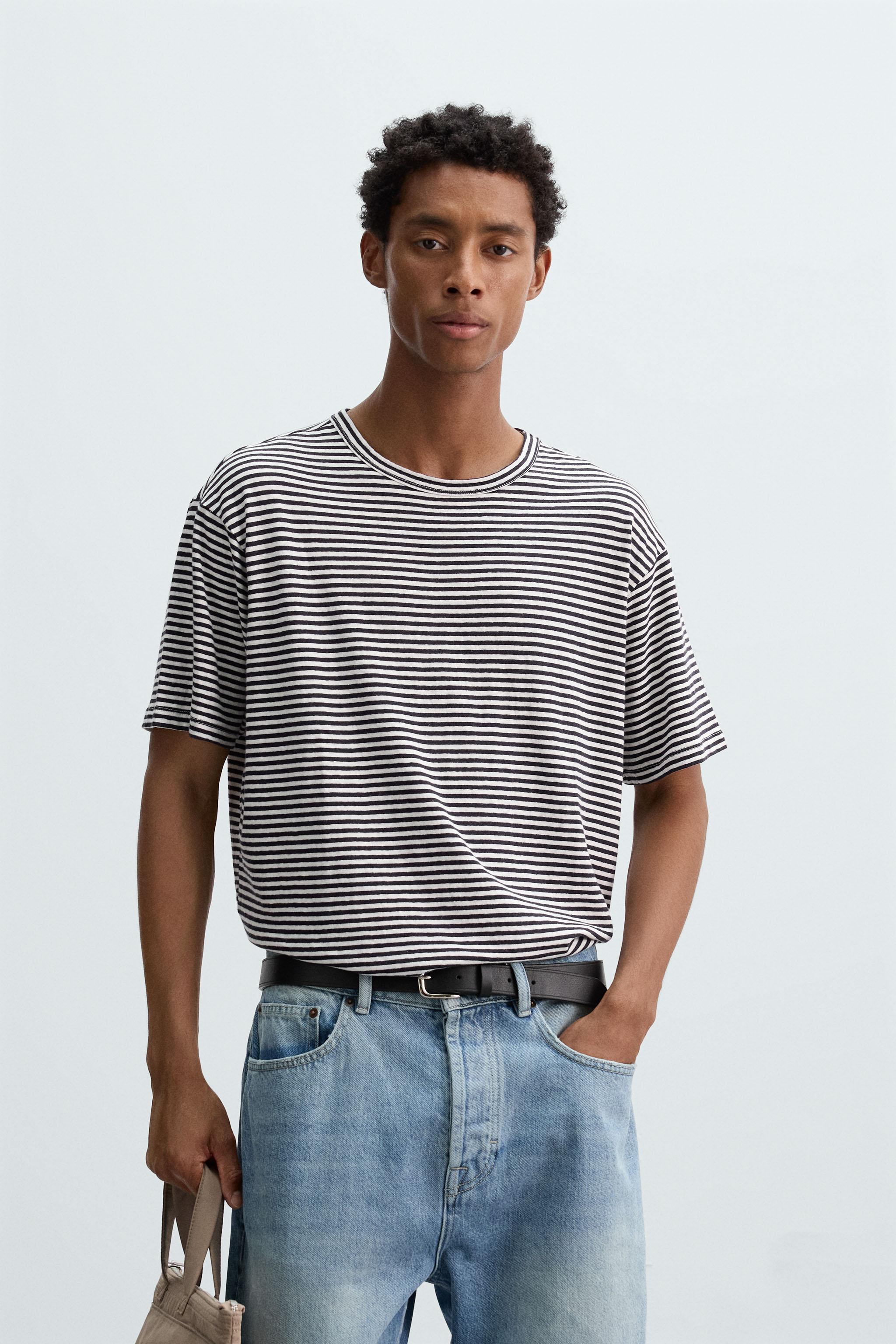 STRIPED COTTON LINEN BLEND T-SHIRT