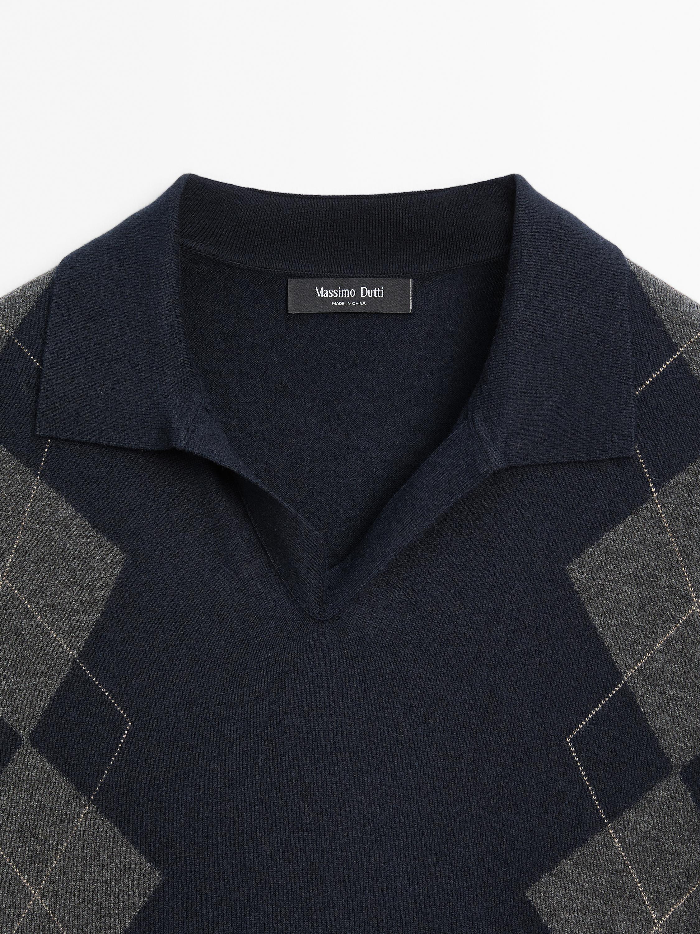 Wool blend Argyle knit polo sweater