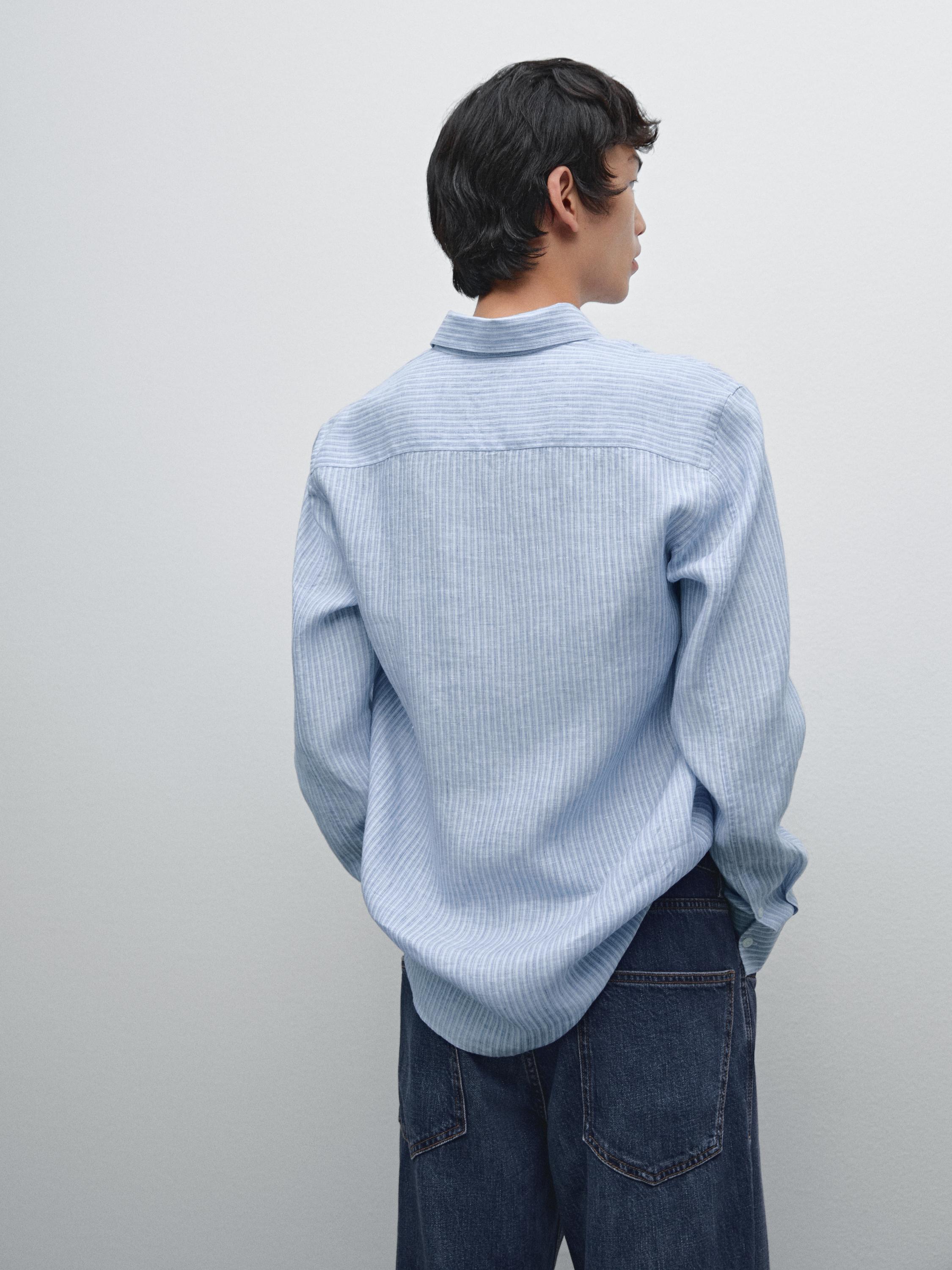 Regular fit striped 100% linen shirt