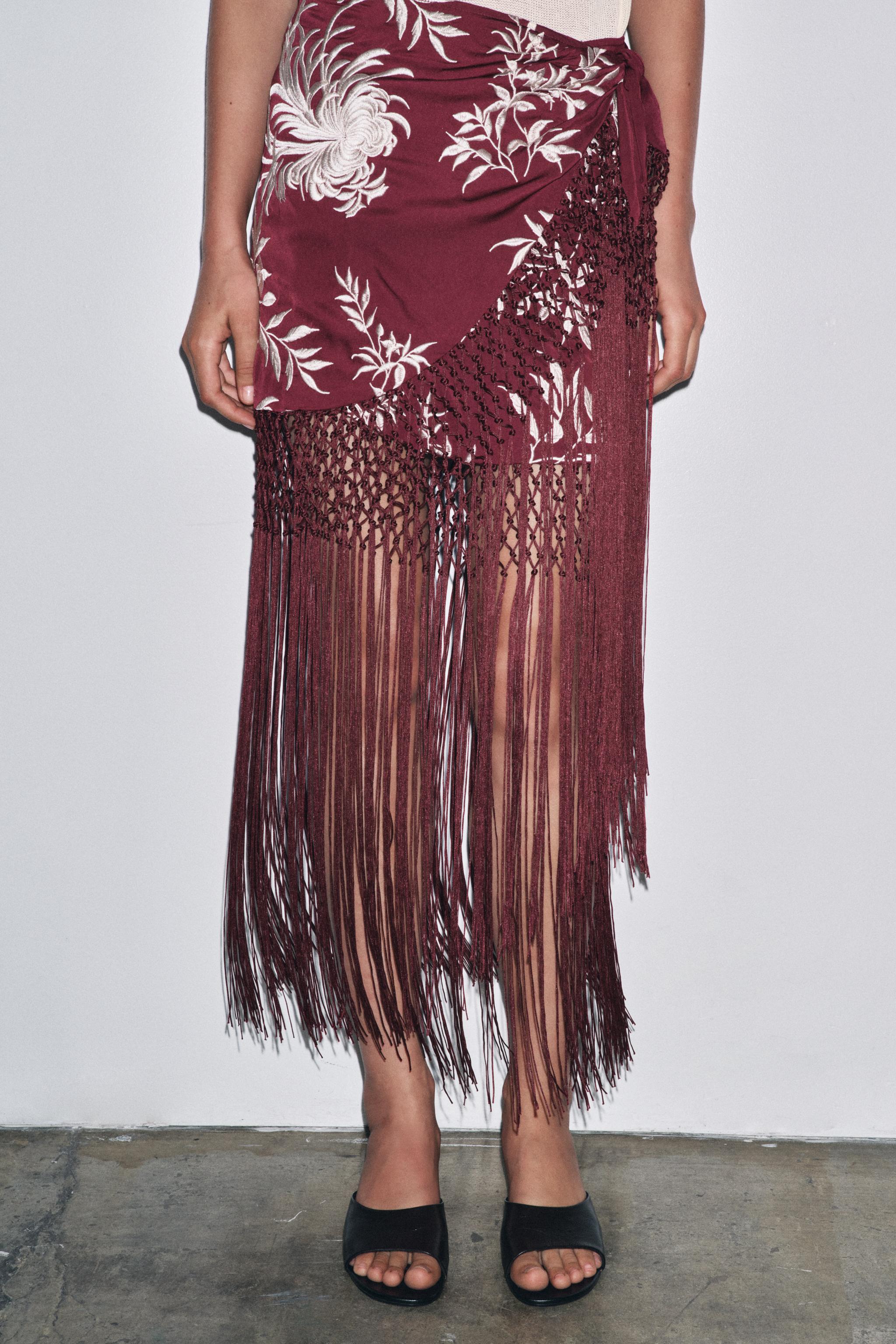 EMBROIDERED FRINGED WRAP SKIRT