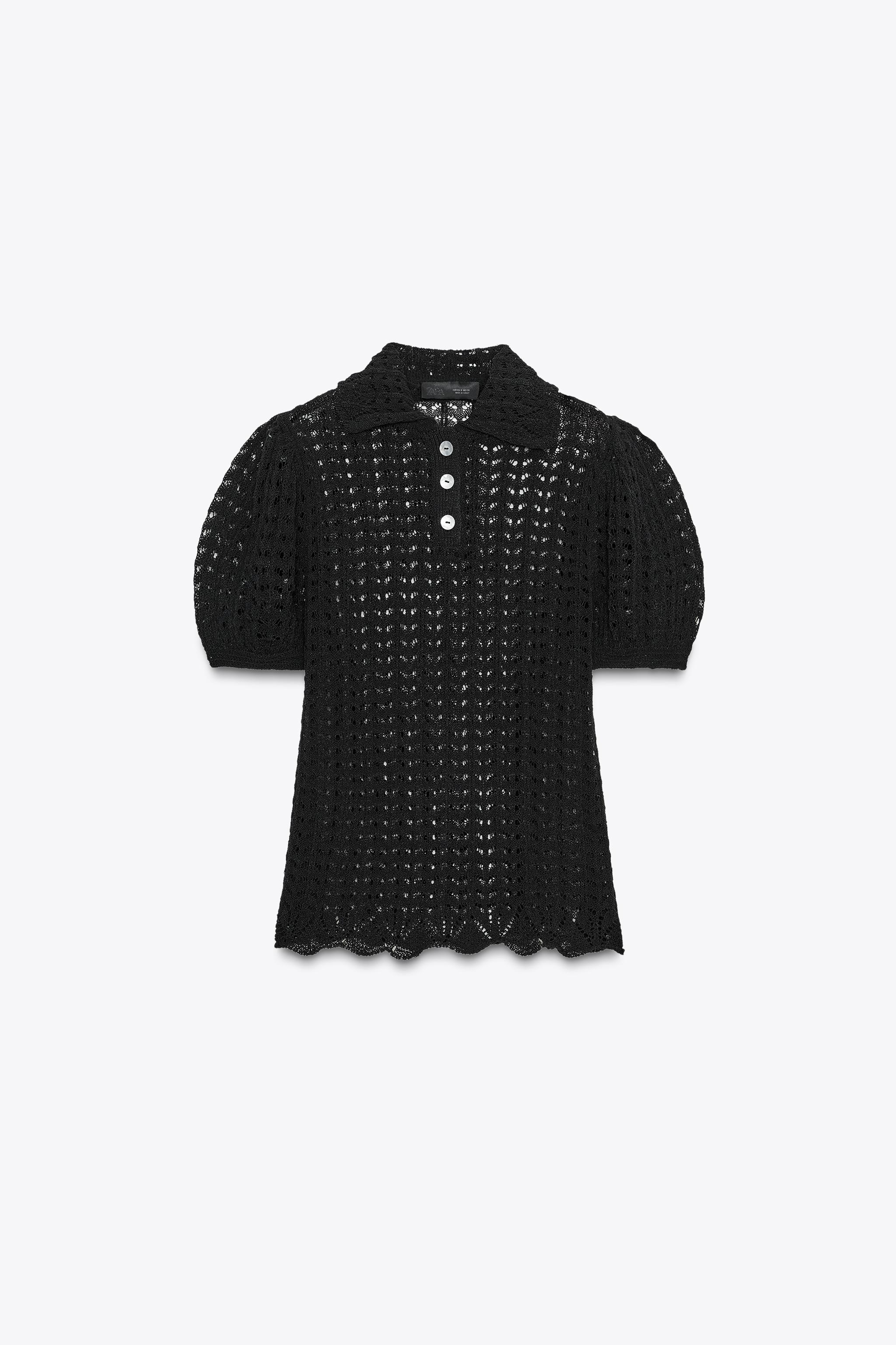 POINTELLE KNIT POLO COLLAR TOP