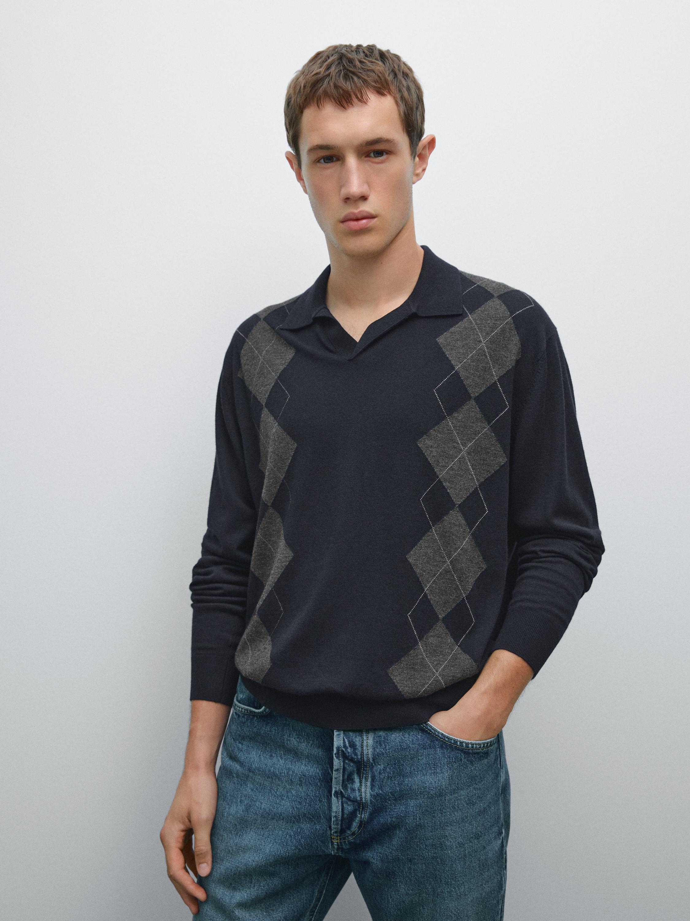 Wool blend Argyle knit polo sweater