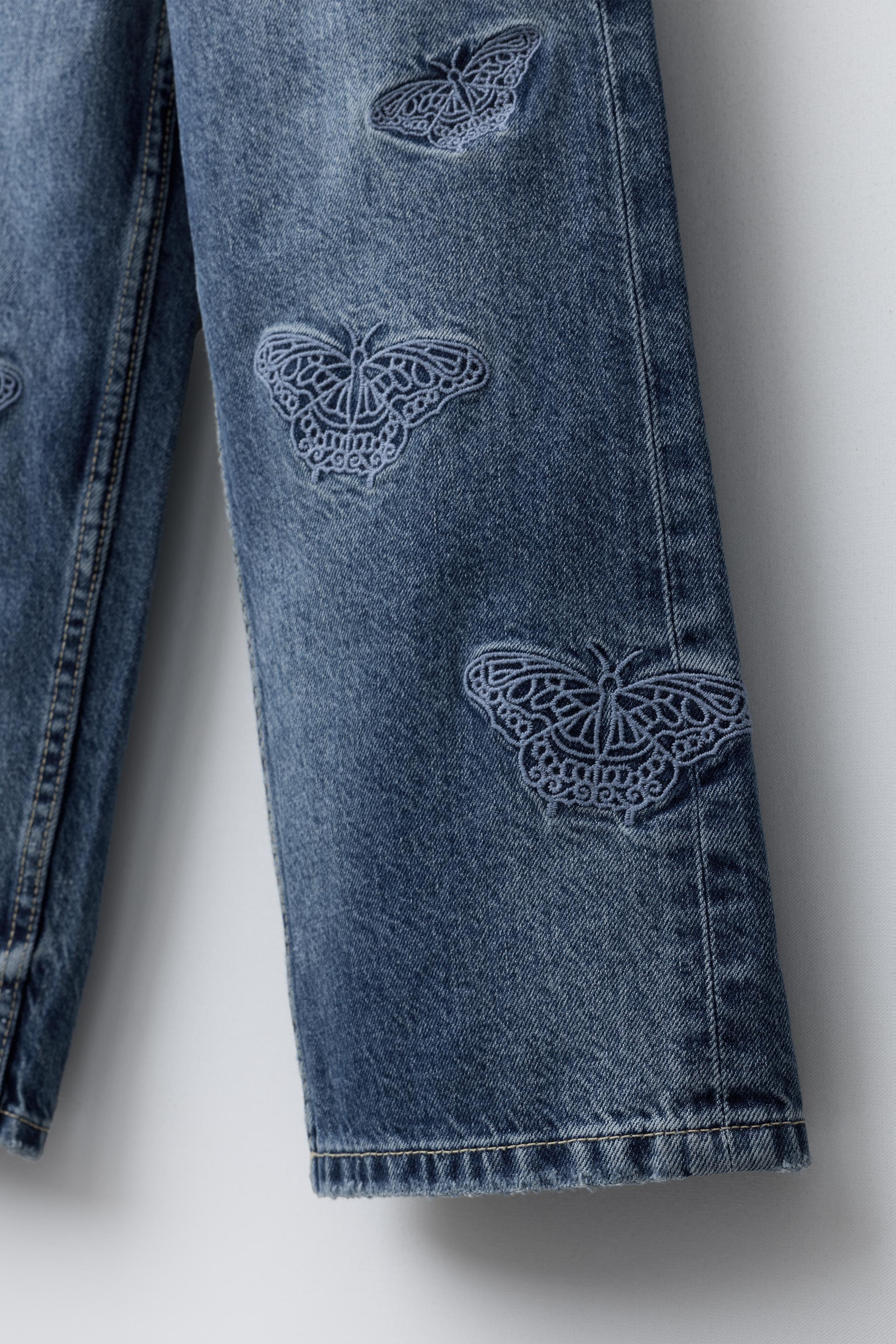 BUTTERFLY EMBROIDERED WIDE LEG JEANS