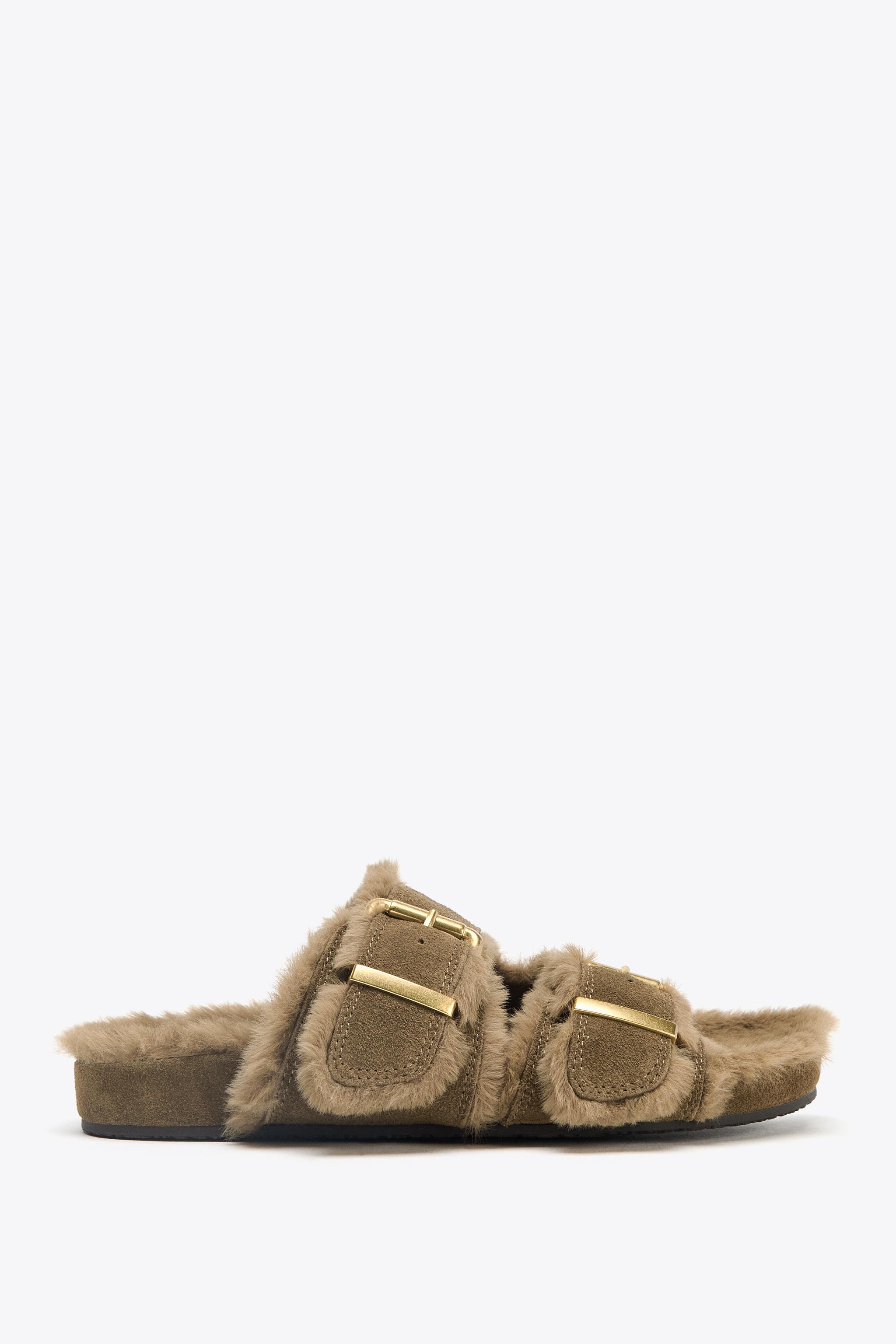 FAUX FUR FLAT BUCKLE SANDALS