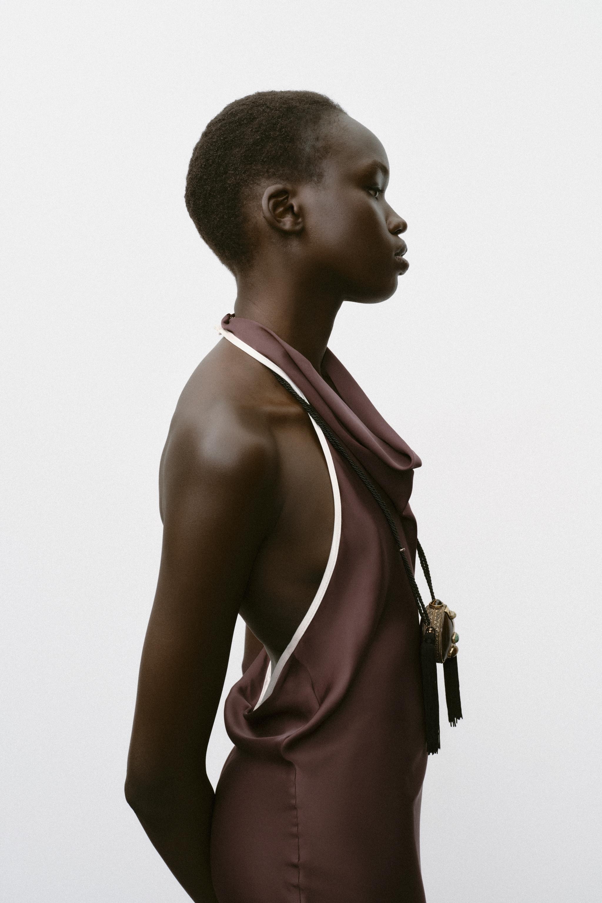 CONTRAST PIPED SATIN MIDI DRESS