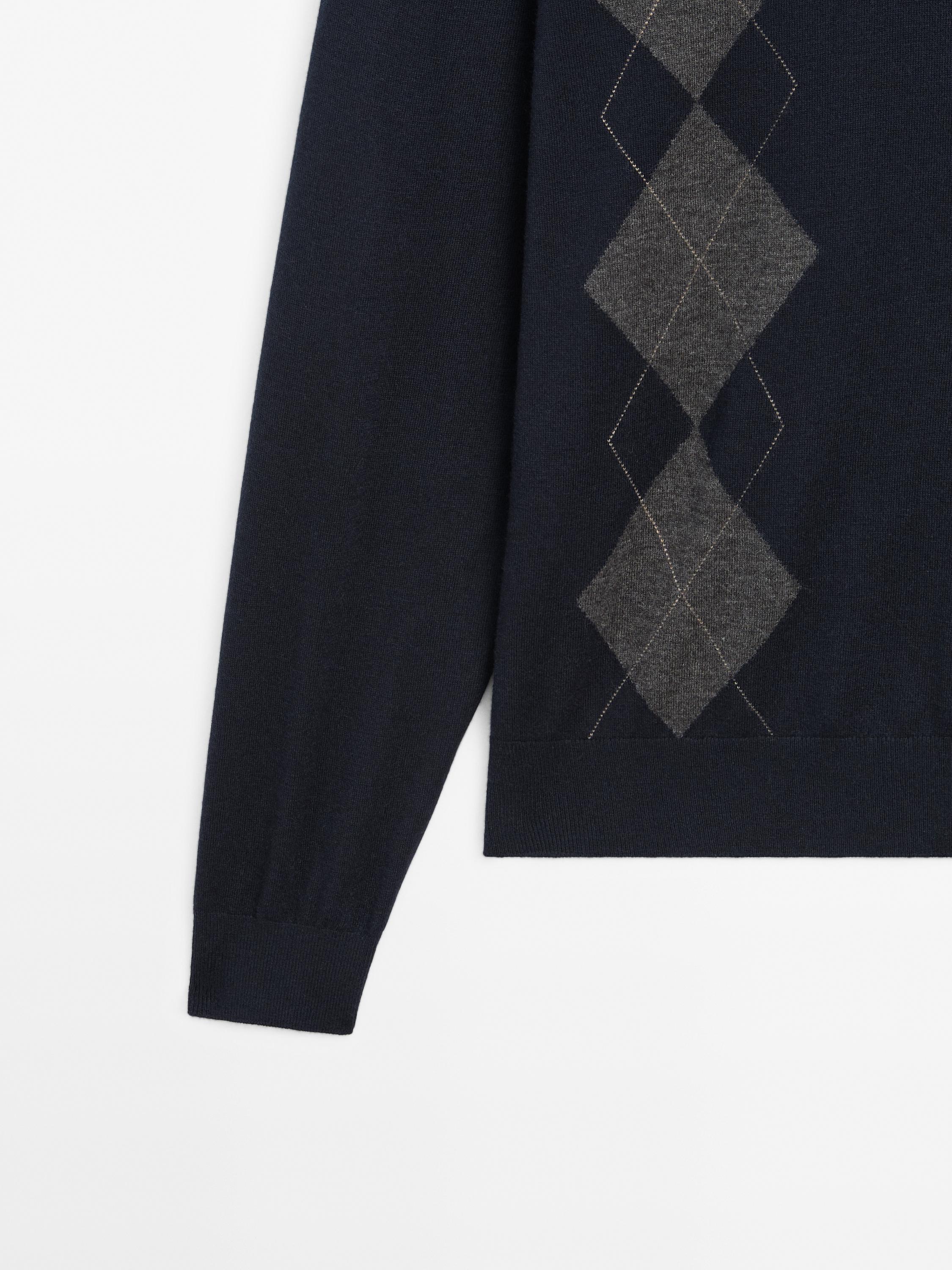 Wool blend Argyle knit polo sweater