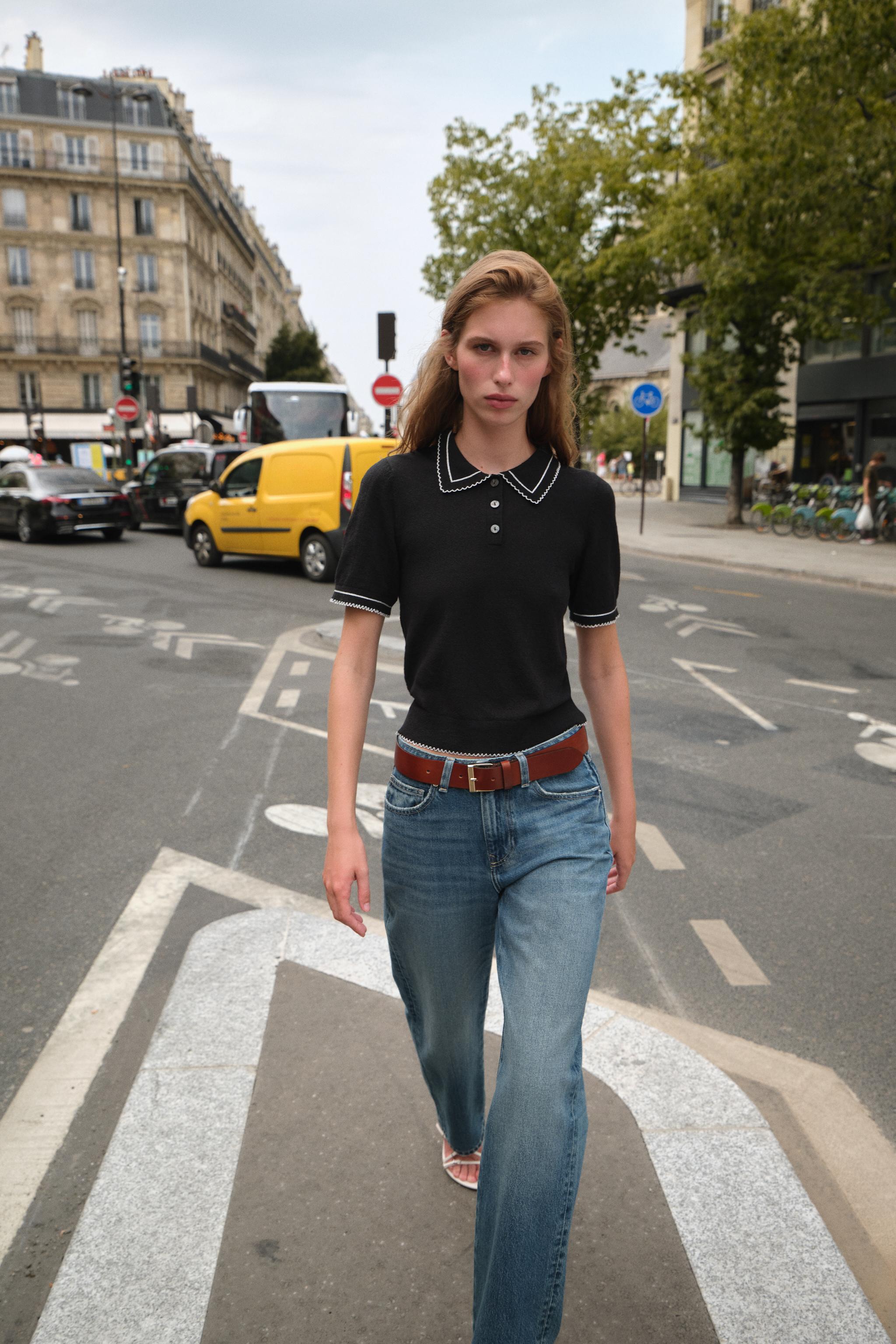 CONTRAST STITCH KNIT POLO TOP