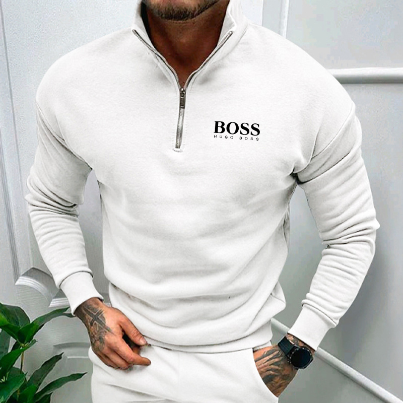 Men's Plush solid color long sleeve zipper POLO