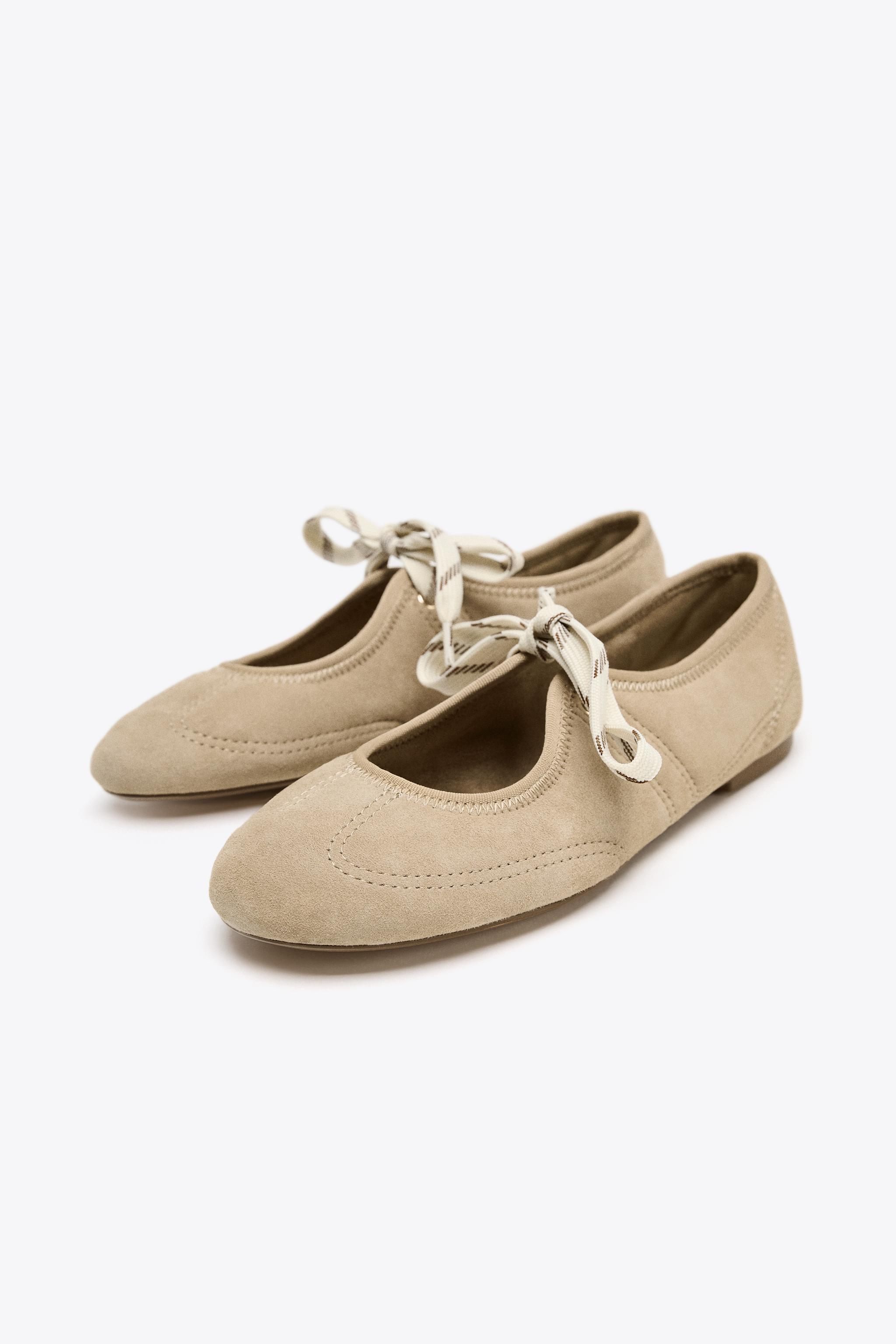 SPLIT LEATHER LACE-UP BALLET FLATS