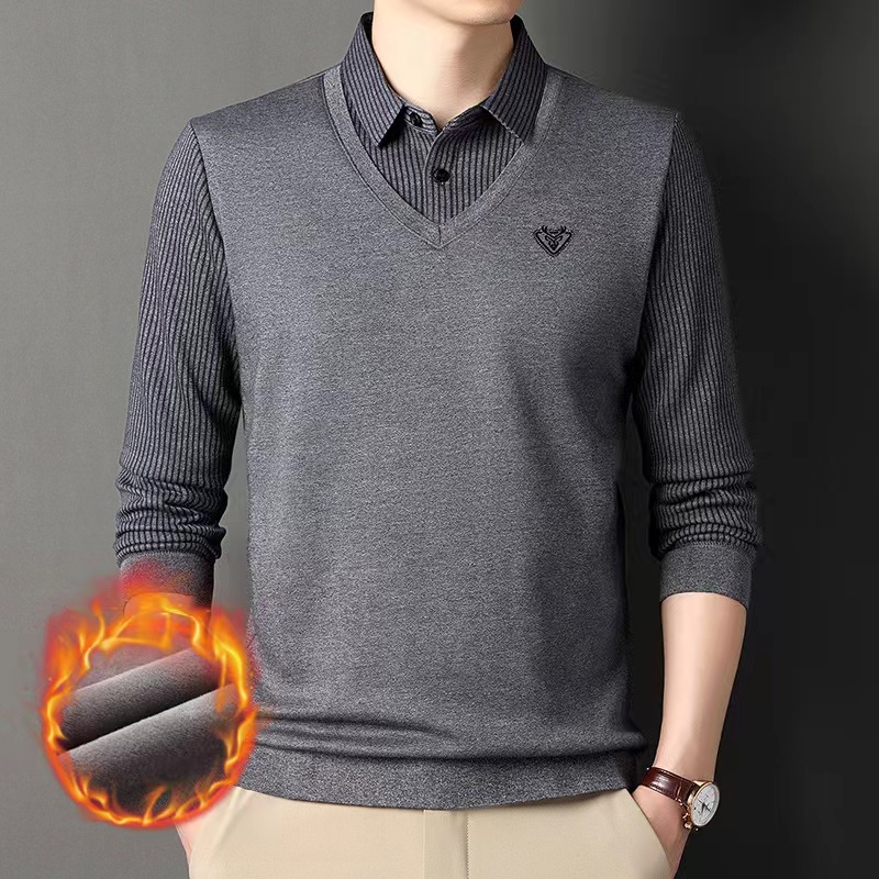 Winter Men's Polo Shirt Fake Two Piece Fleece Thickened