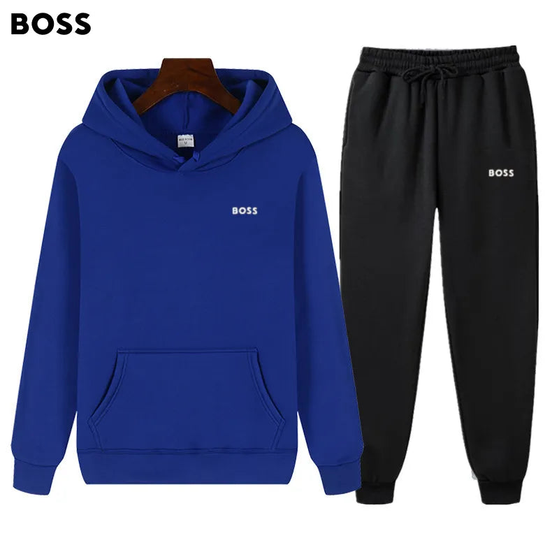 SOLID COLOR MENS CASUAL HOODIES SWEATSHIRT TWO PIECES SUITS