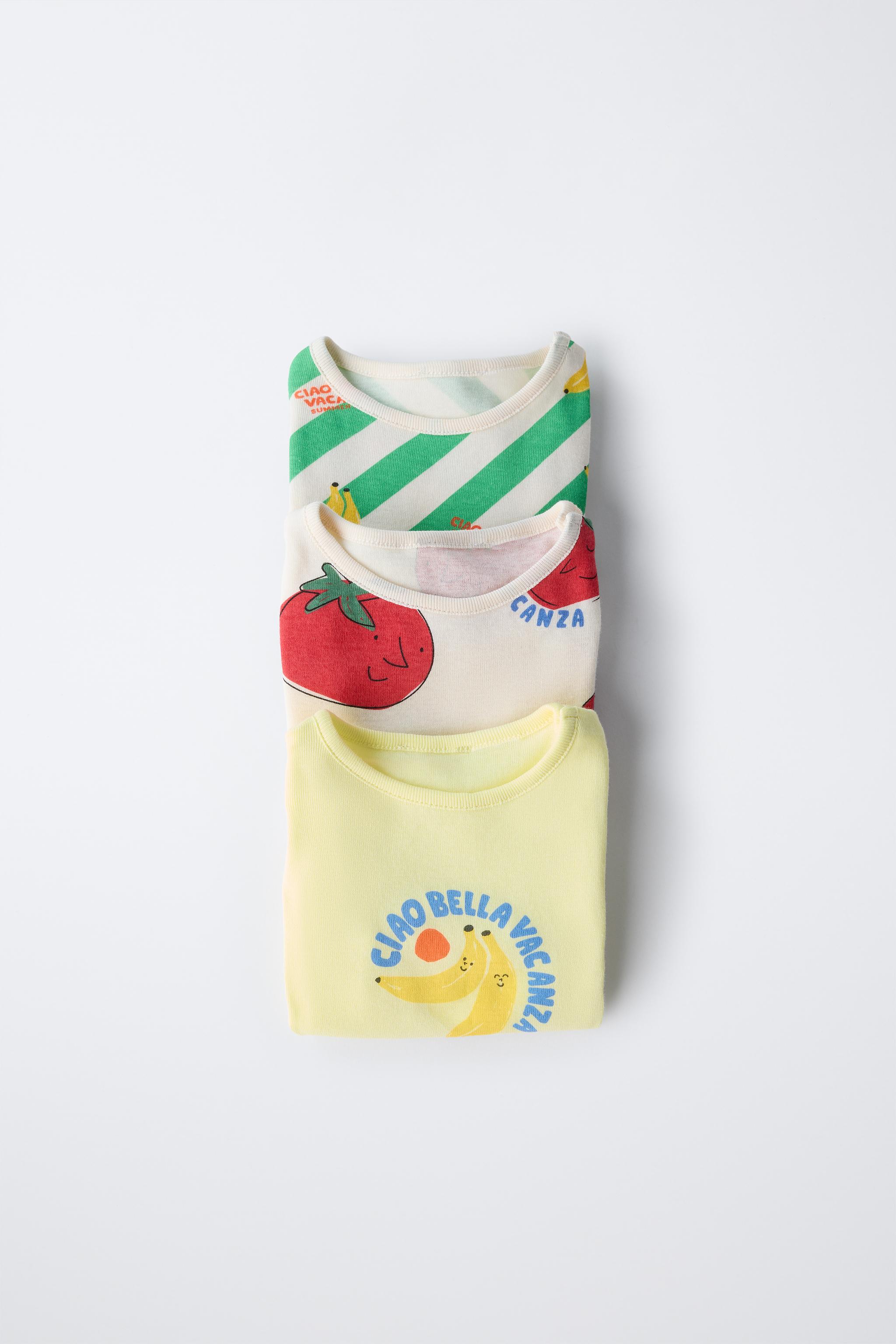 THREE-PACK OF TOMATO AND STRIPE PRINTED BODYSUITS