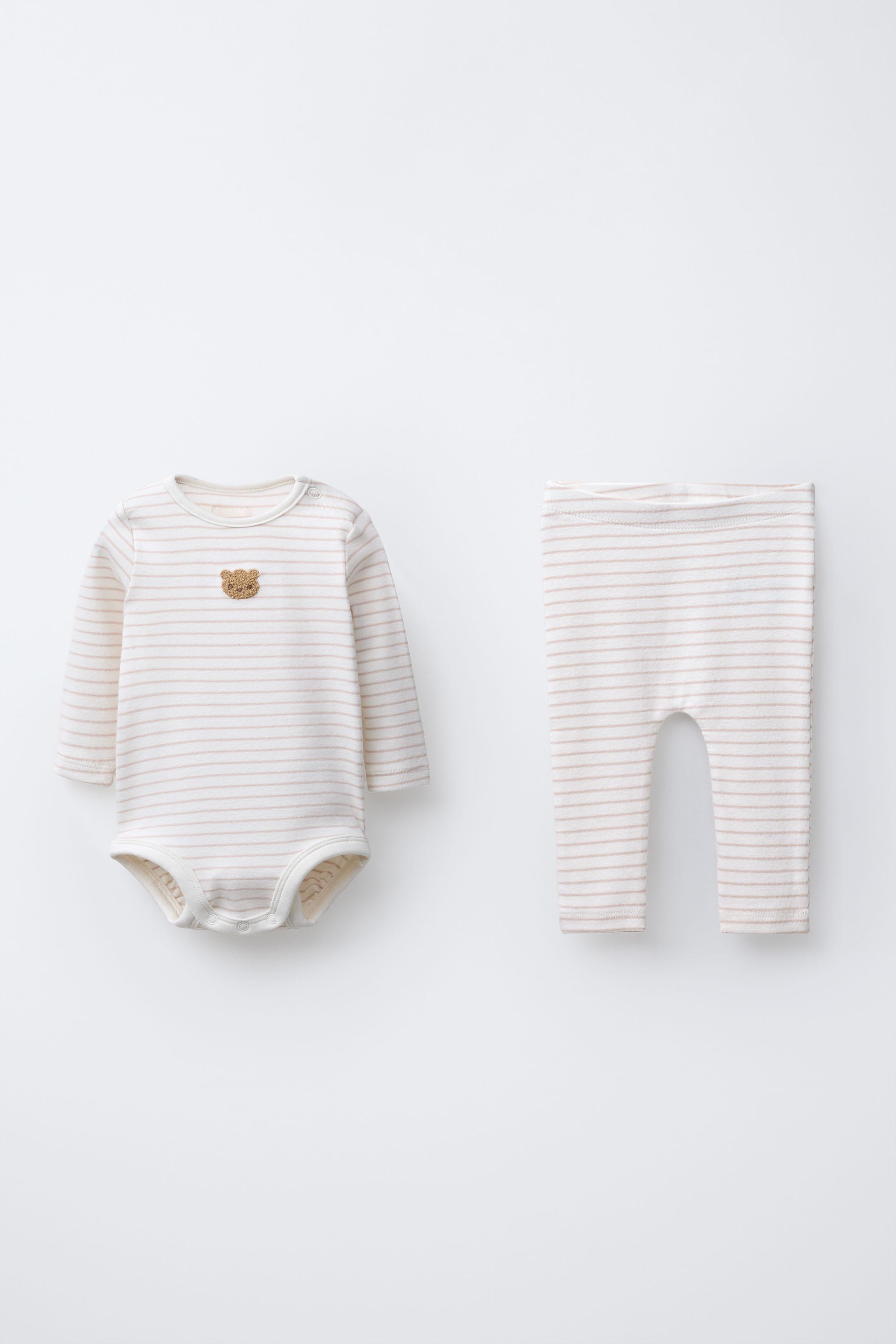 BEAR PATCH AND STRIPED BODYSUIT AND LEGGINGS SET