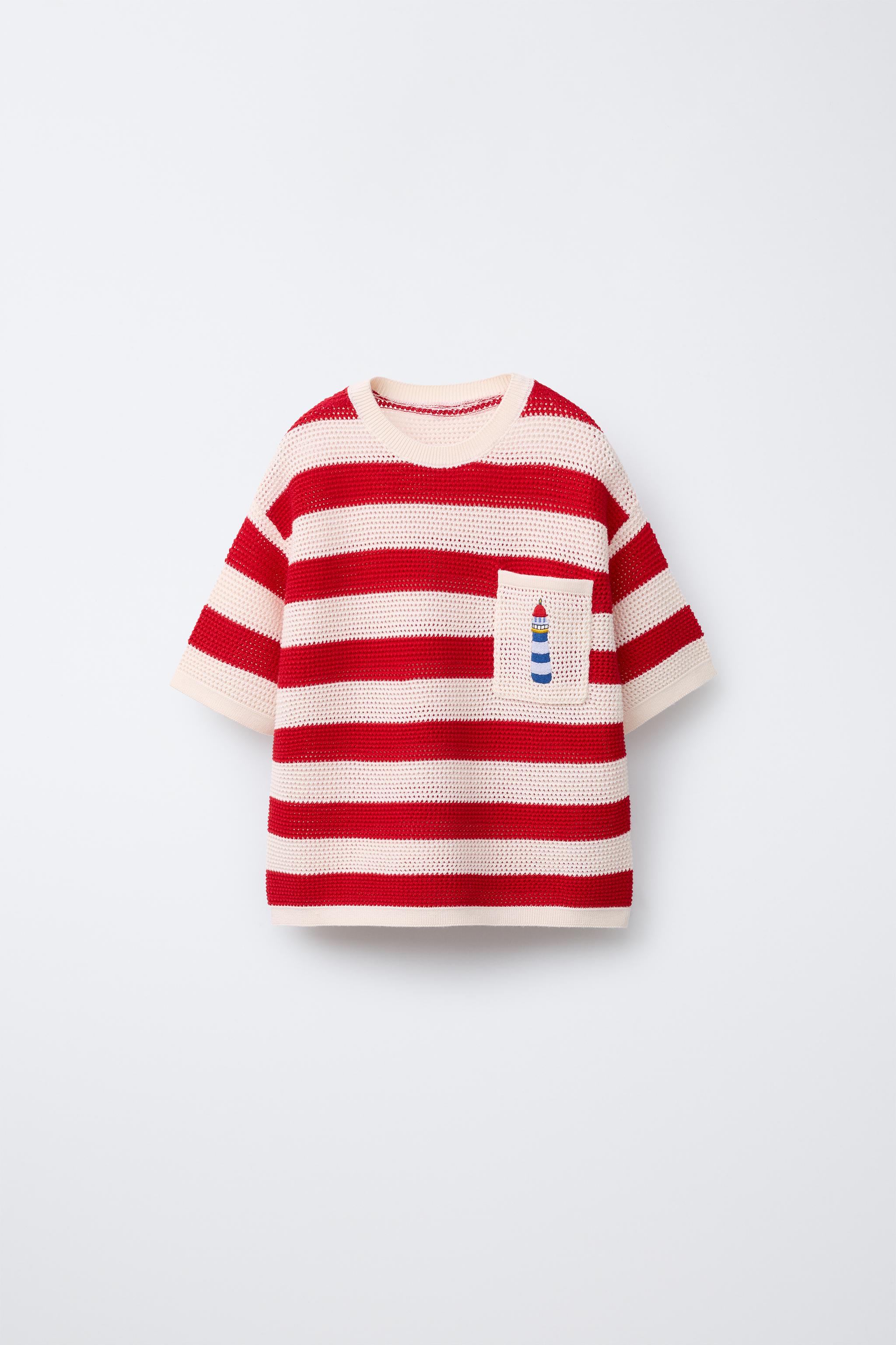 STRIPED KNIT T-SHIRT WITH EMBROIDERED LIGHTHOUSE