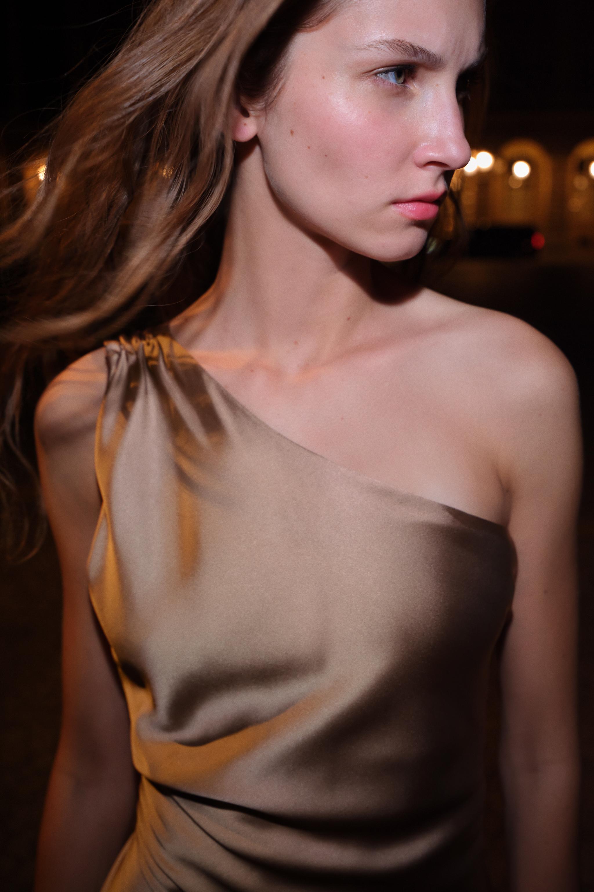 ASYMMETRIC SATIN EFFECT MAXI DRESS