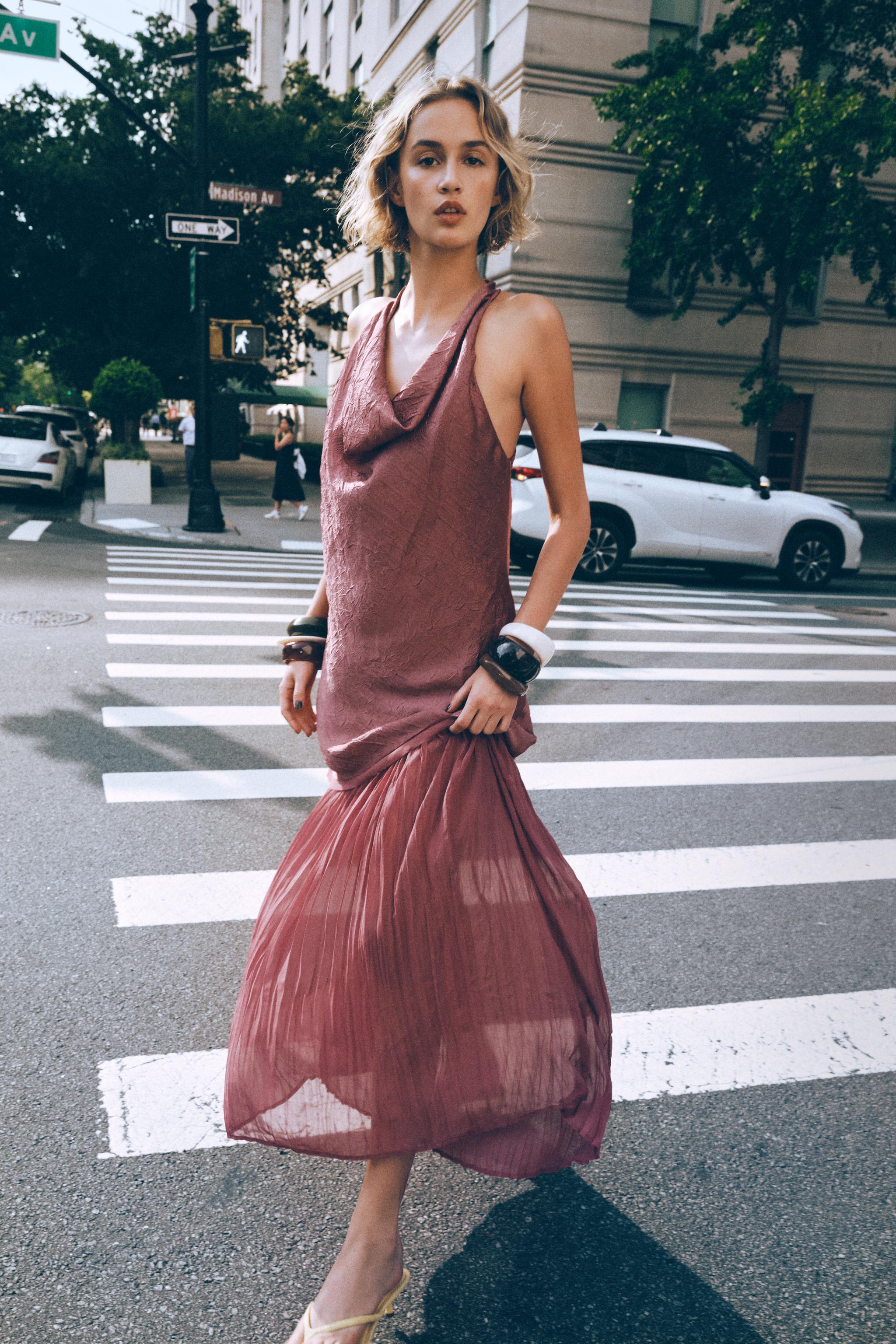 PLEATED COMBINATION MIDI DRESS