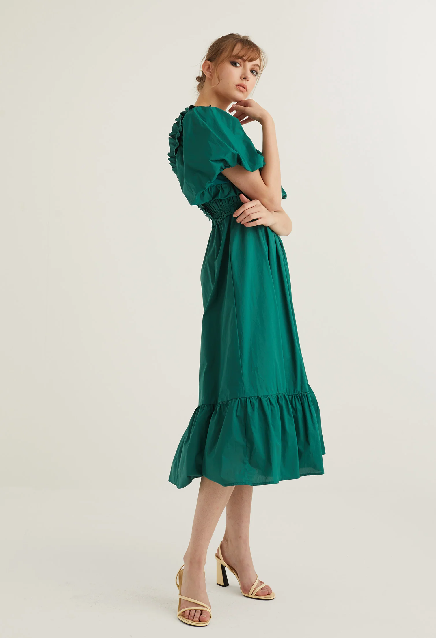 Balloon Sleeve Corset Detail Midi Dress