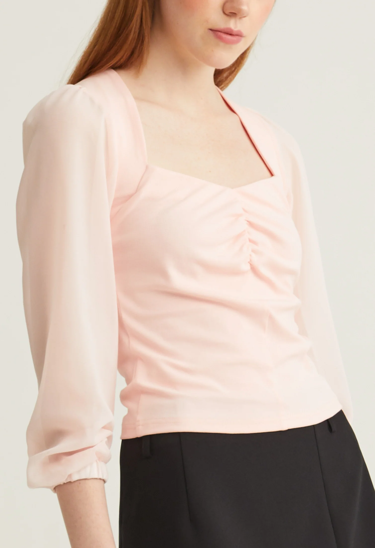 Sweetheart Cinched Waist Long Sleeves Top