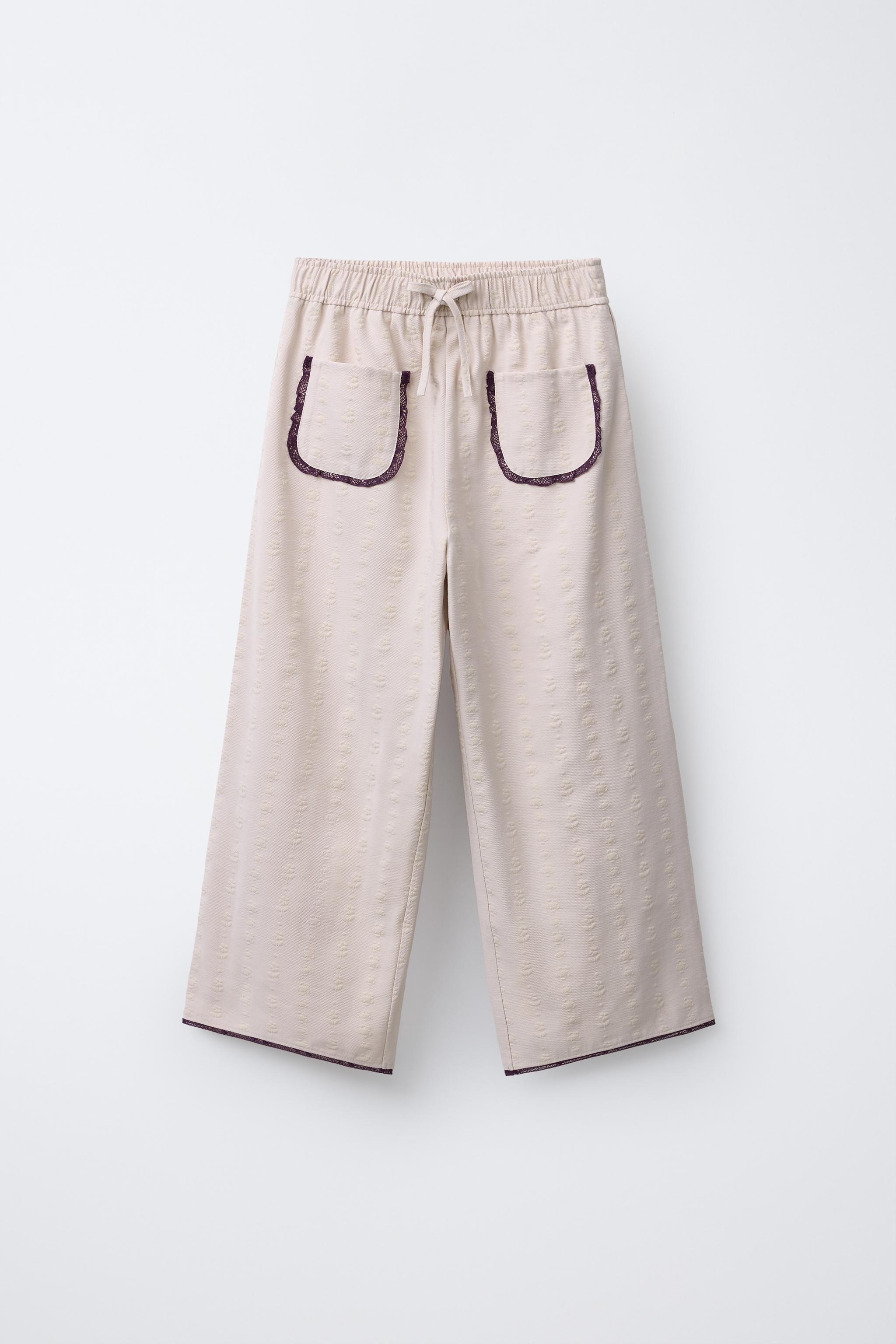 STRAIGHT LEG FLORAL PANTS WITH LACE TRIM