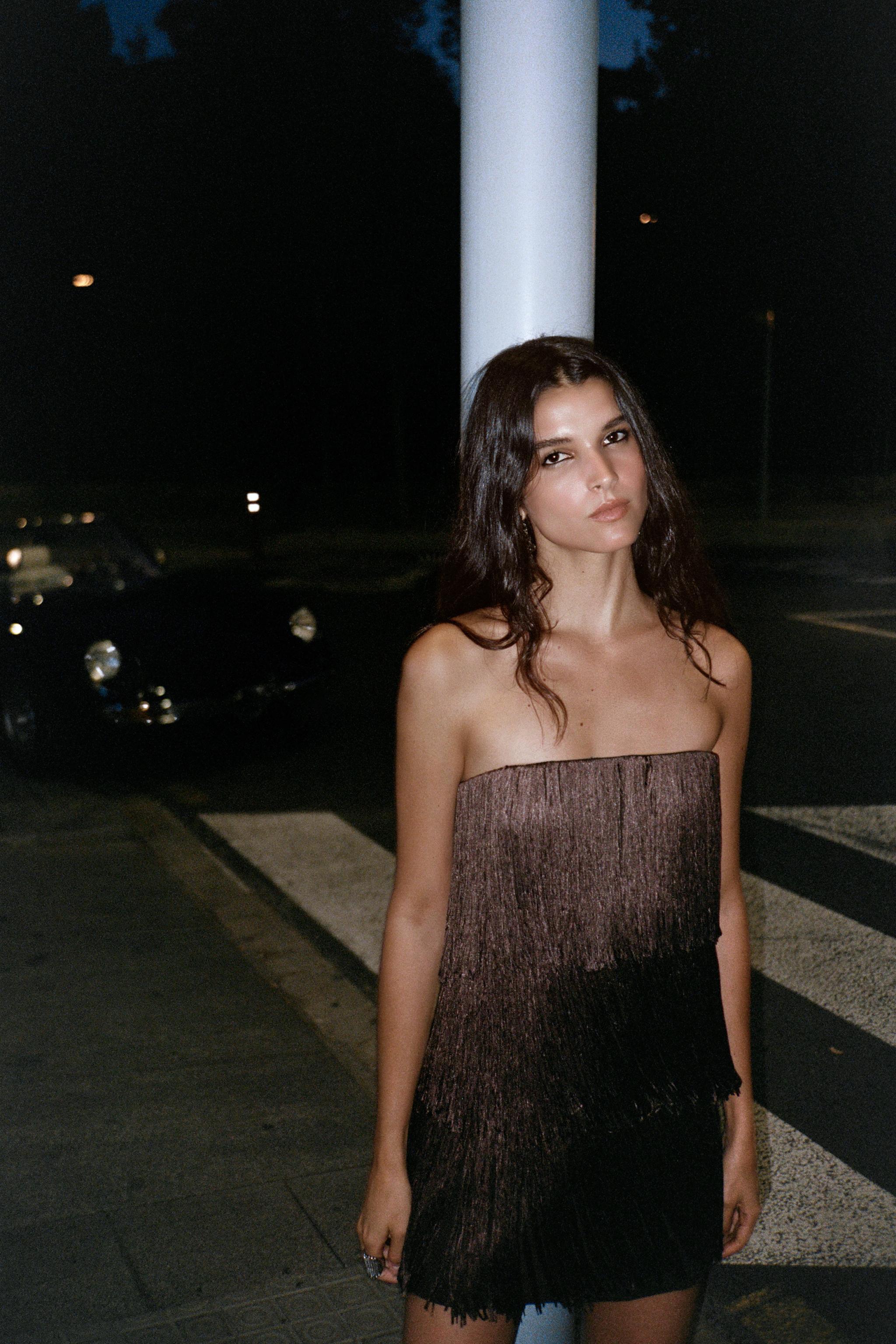 FRINGED STRAPLESS DRESS