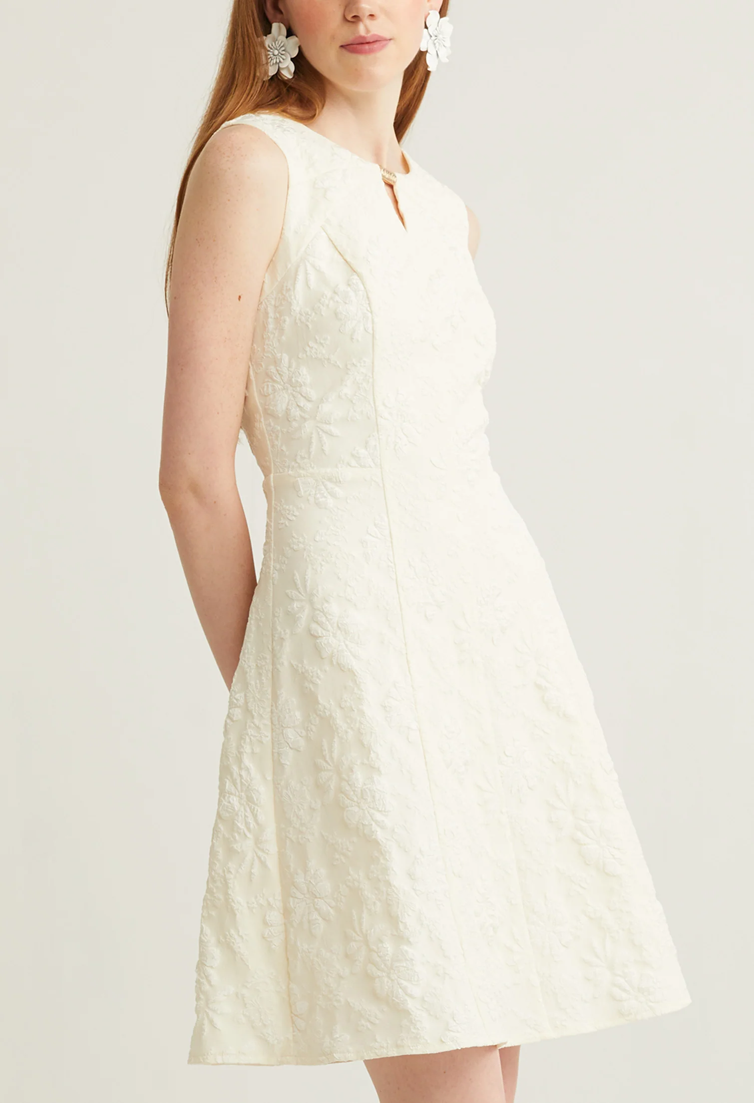Floral Embossed V-Neck Sleeveless Dress