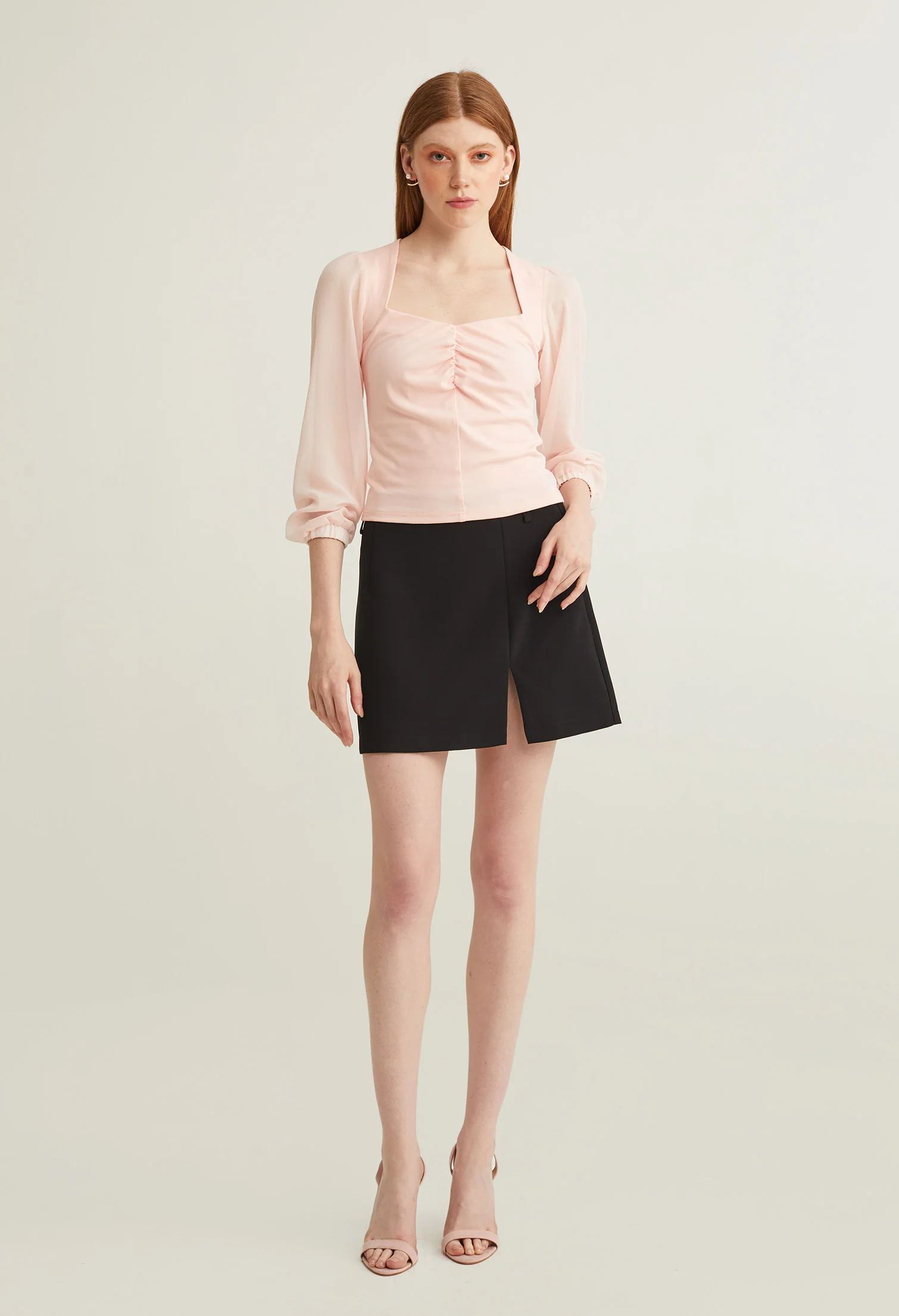 Sweetheart Cinched Waist Long Sleeves Top