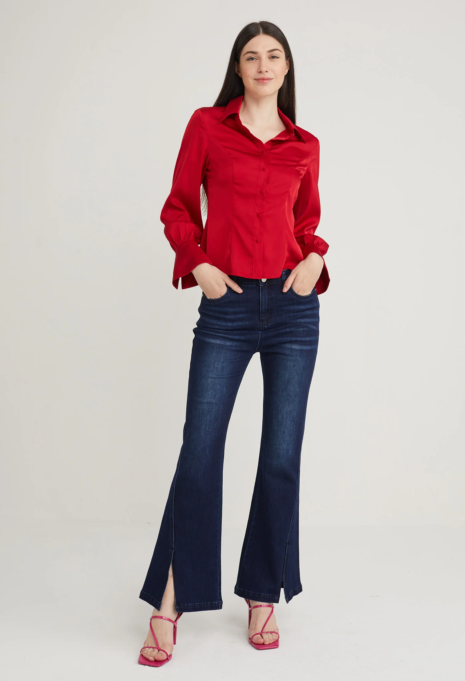 Satin Fitted Petal Sleeve Blouse