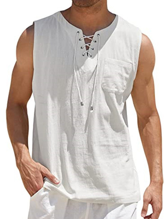 Men's Lace-Up Solid Color Cotton Linen Vest Shirt