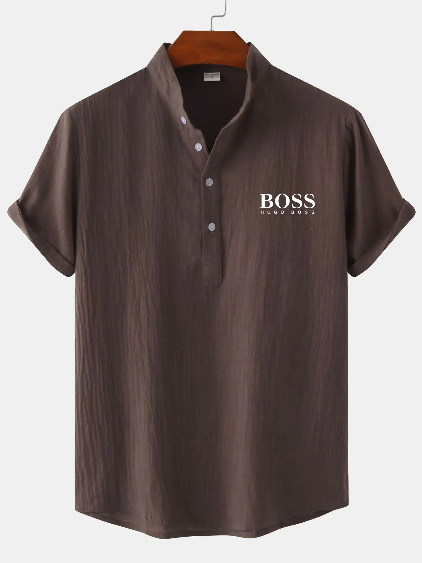 Men's Cotton Linen Stand Collar Casual Beach Short Sleeve Shirt