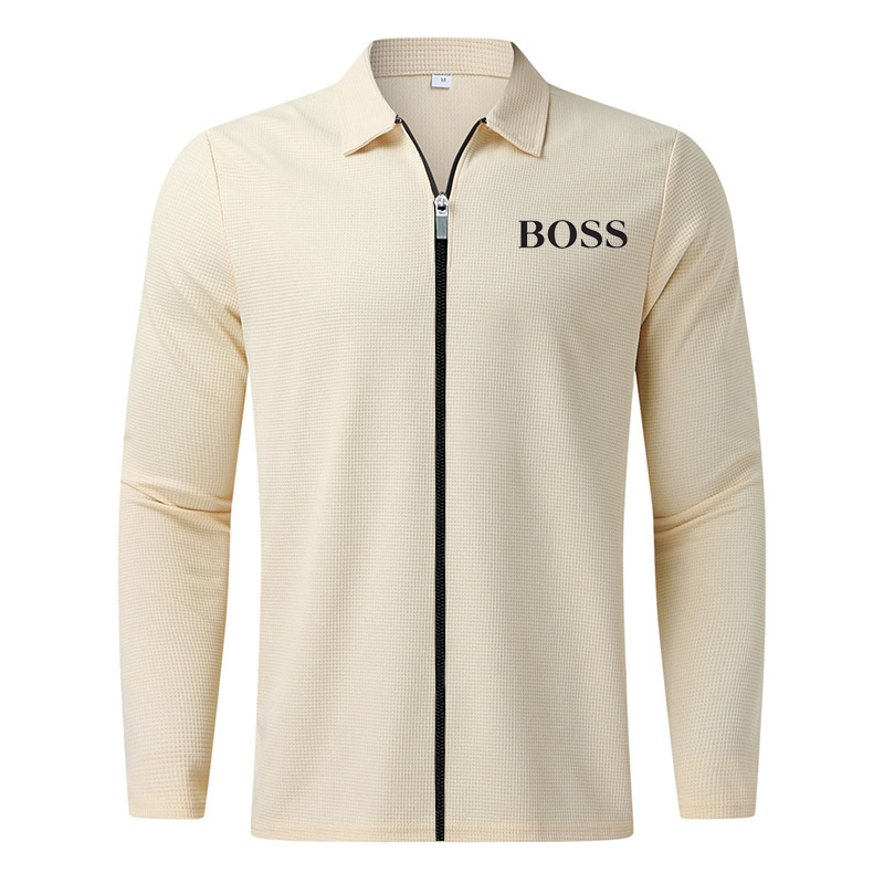 2023 new cardigan men's autumn and winter zipper jacket jacket waffle casual long-sleeved lapel solid color top