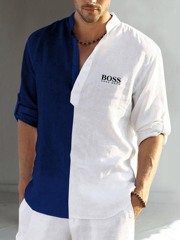 Color block cotton linen men's long sleeve casual shirt