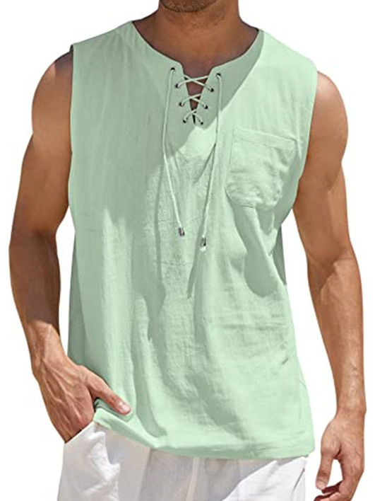 Men's Lace-Up Solid Color Cotton Linen Vest Shirt