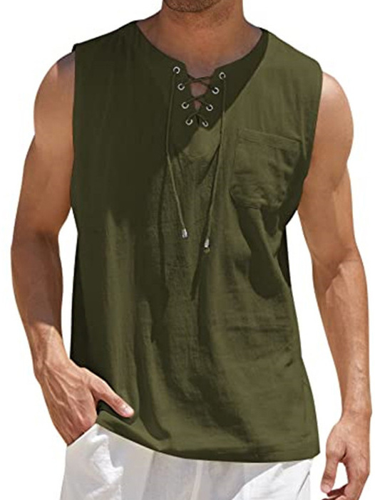 Men's Lace-Up Solid Color Cotton Linen Vest Shirt