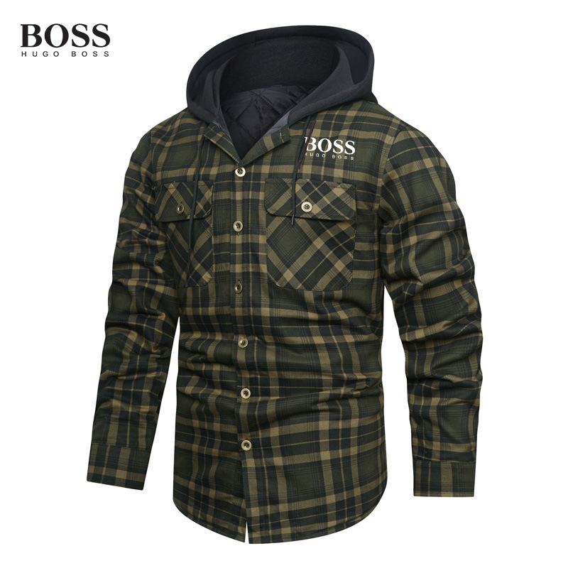 Thick Plaid Long Sleeve Loose Hooded Sweathershirt Men