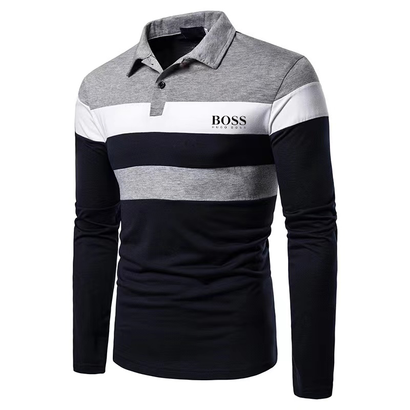 Men's Casual Color Block Long Sleeve Polo Shirt