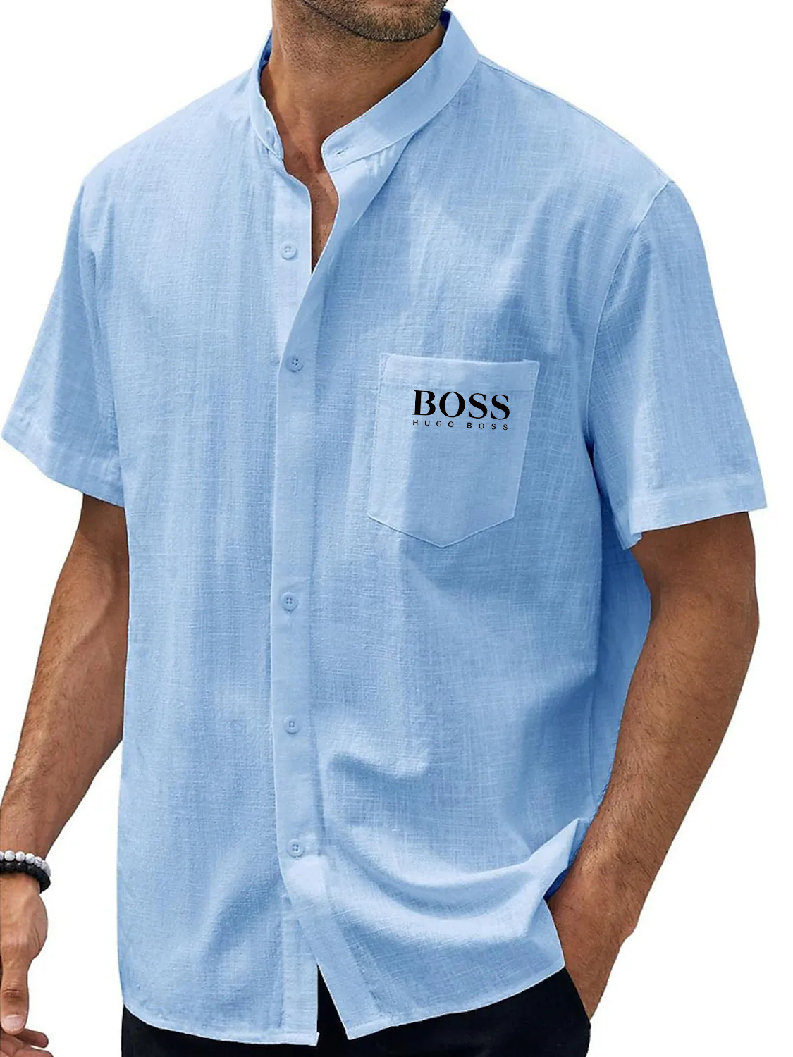 Men's Hawaiian Casual Beach Stand Collar Pocket Short Sleeves