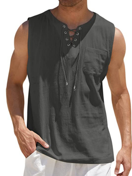 Men's Lace-Up Solid Color Cotton Linen Vest Shirt