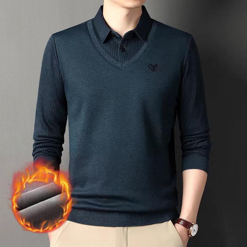 Winter Men's Polo Shirt Fake Two Piece Fleece Thickened