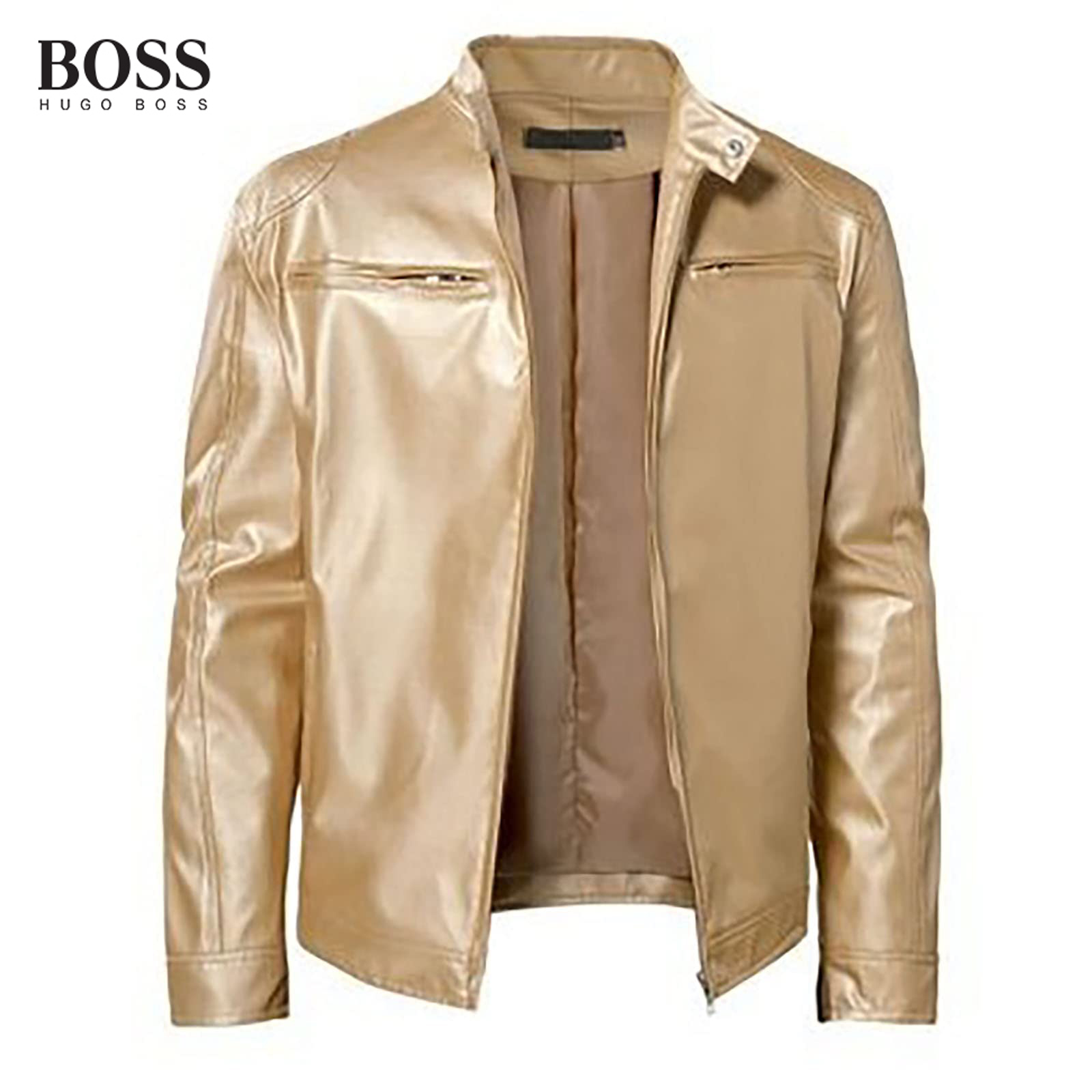 Men's Stand Collar Leather Jacket Lightweight Zipper Leather Coat Slim Fit Biker Jacket