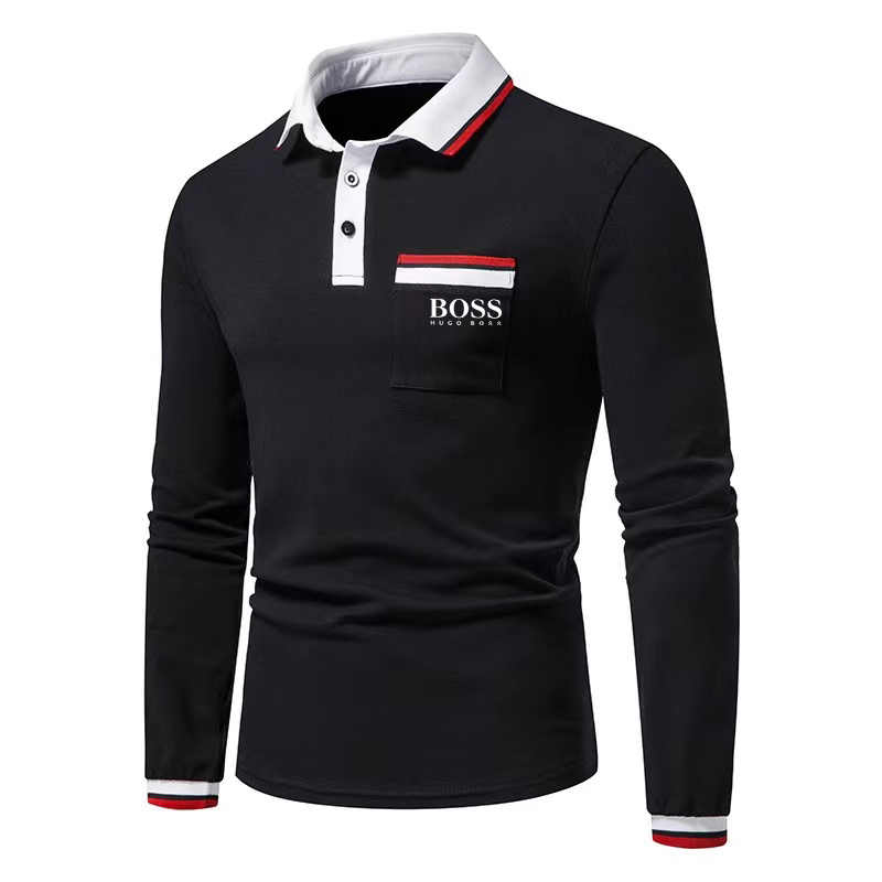 Men's Casual Color Block Long Sleeve Polo Shirt