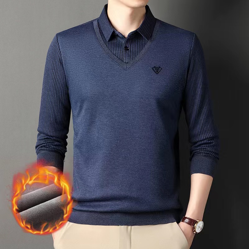 Winter Men's Polo Shirt Fake Two Piece Fleece Thickened