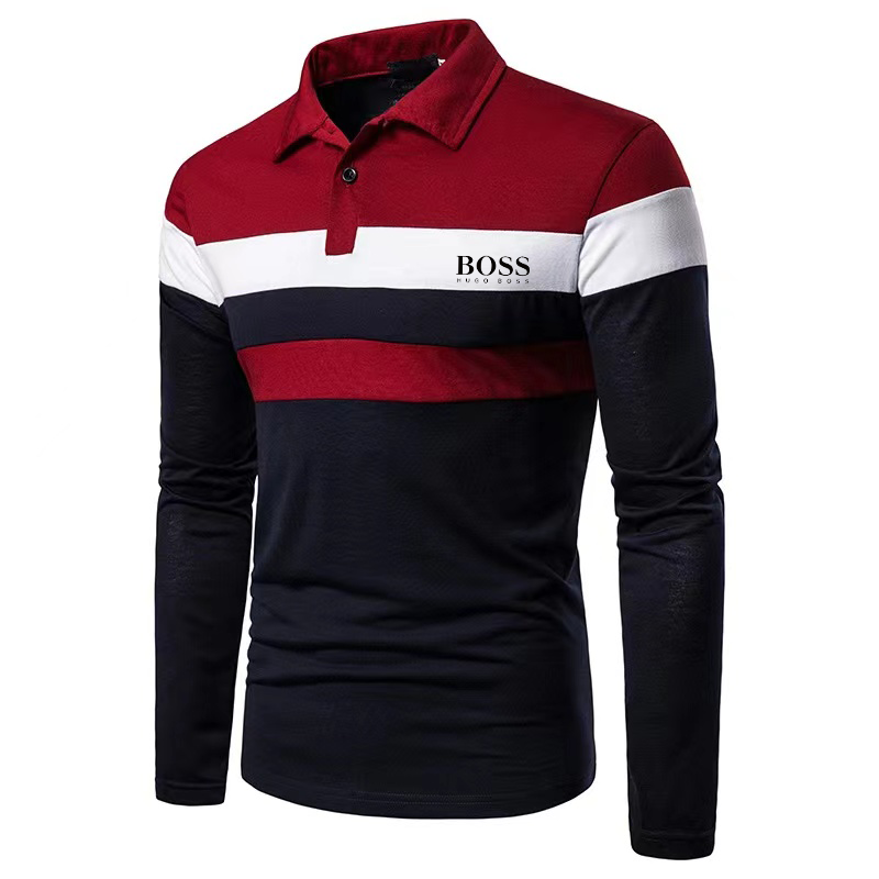 Men's Casual Color Block Long Sleeve Polo Shirt