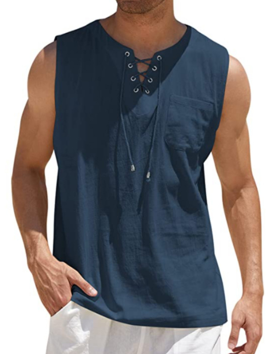 Men's Lace-Up Solid Color Cotton Linen Vest Shirt