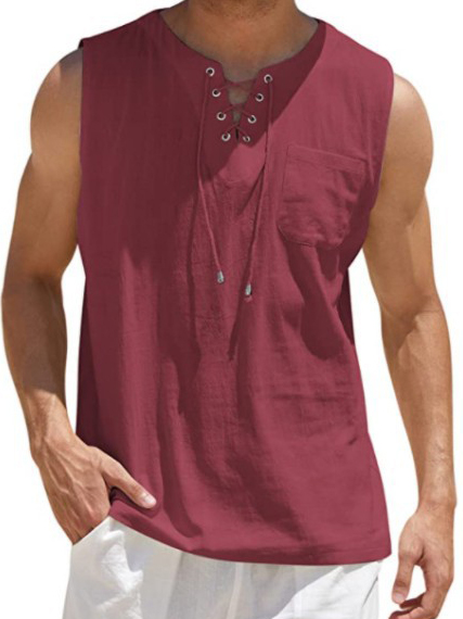 Men's Lace-Up Solid Color Cotton Linen Vest Shirt