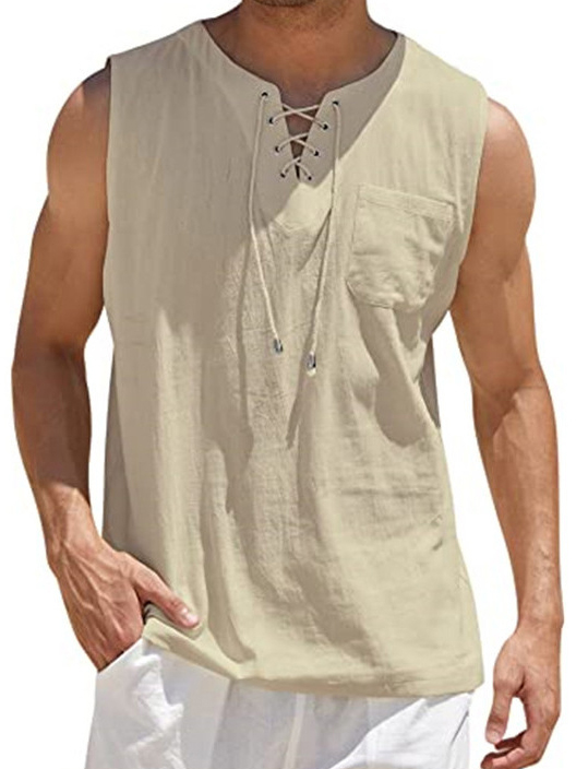 Men's Lace-Up Solid Color Cotton Linen Vest Shirt
