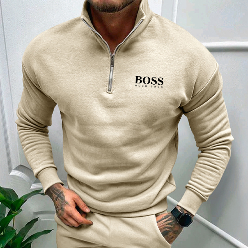 Men's Plush solid color long sleeve zipper POLO
