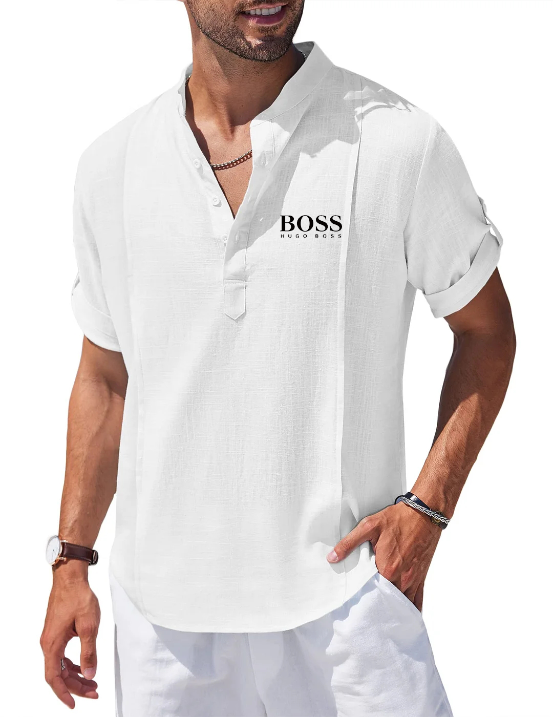 Men's Linen Cotton Henley Shirt Casual Beach Hippie Shirts Short Sleeve T Shirts