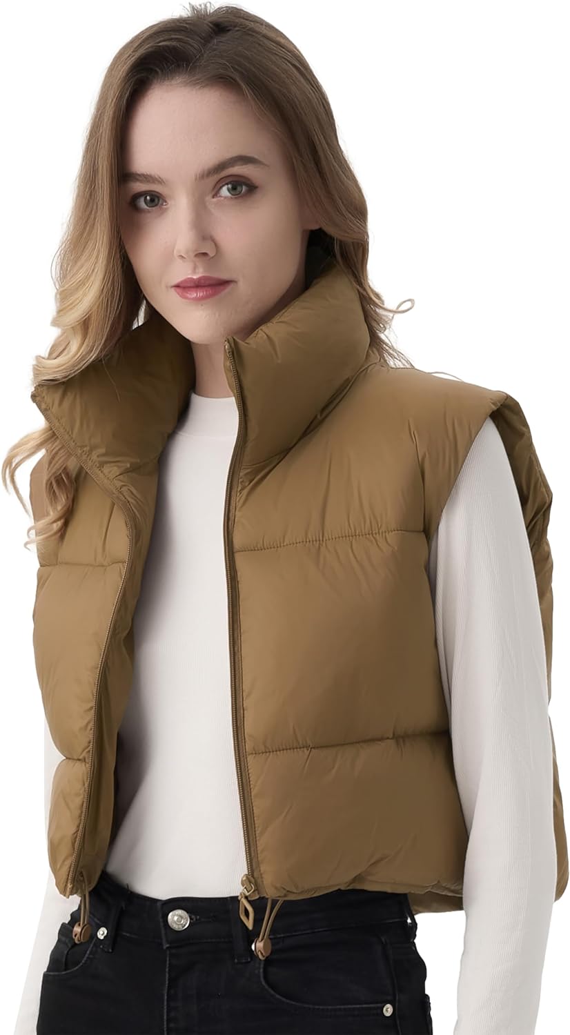 ANAYSN Women's Cropped Puffer Vest Lightweight Sleeveless Warm Vests For Women Winter Stand Collar Padded Gilet